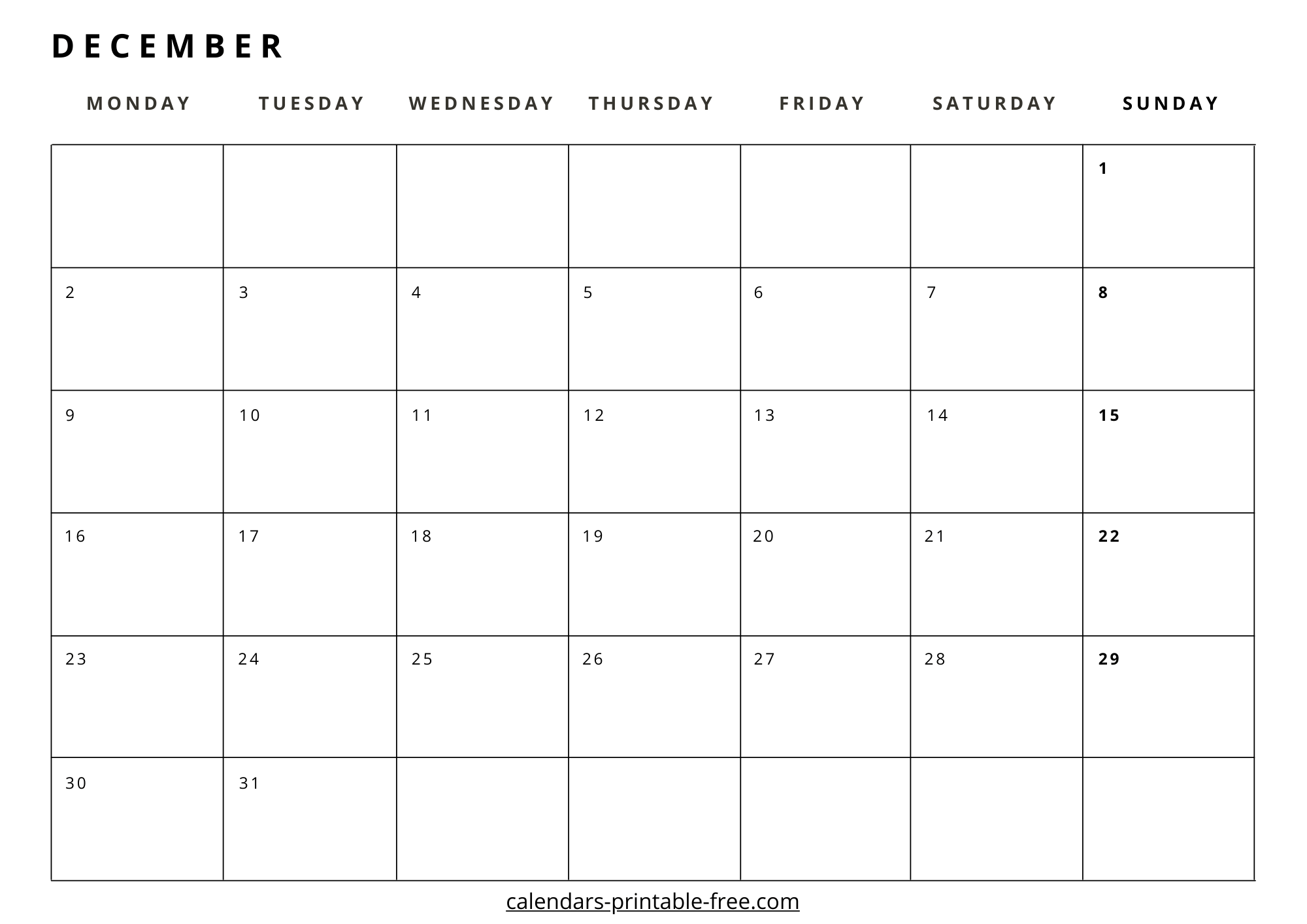 December 2024 calendar Monday start