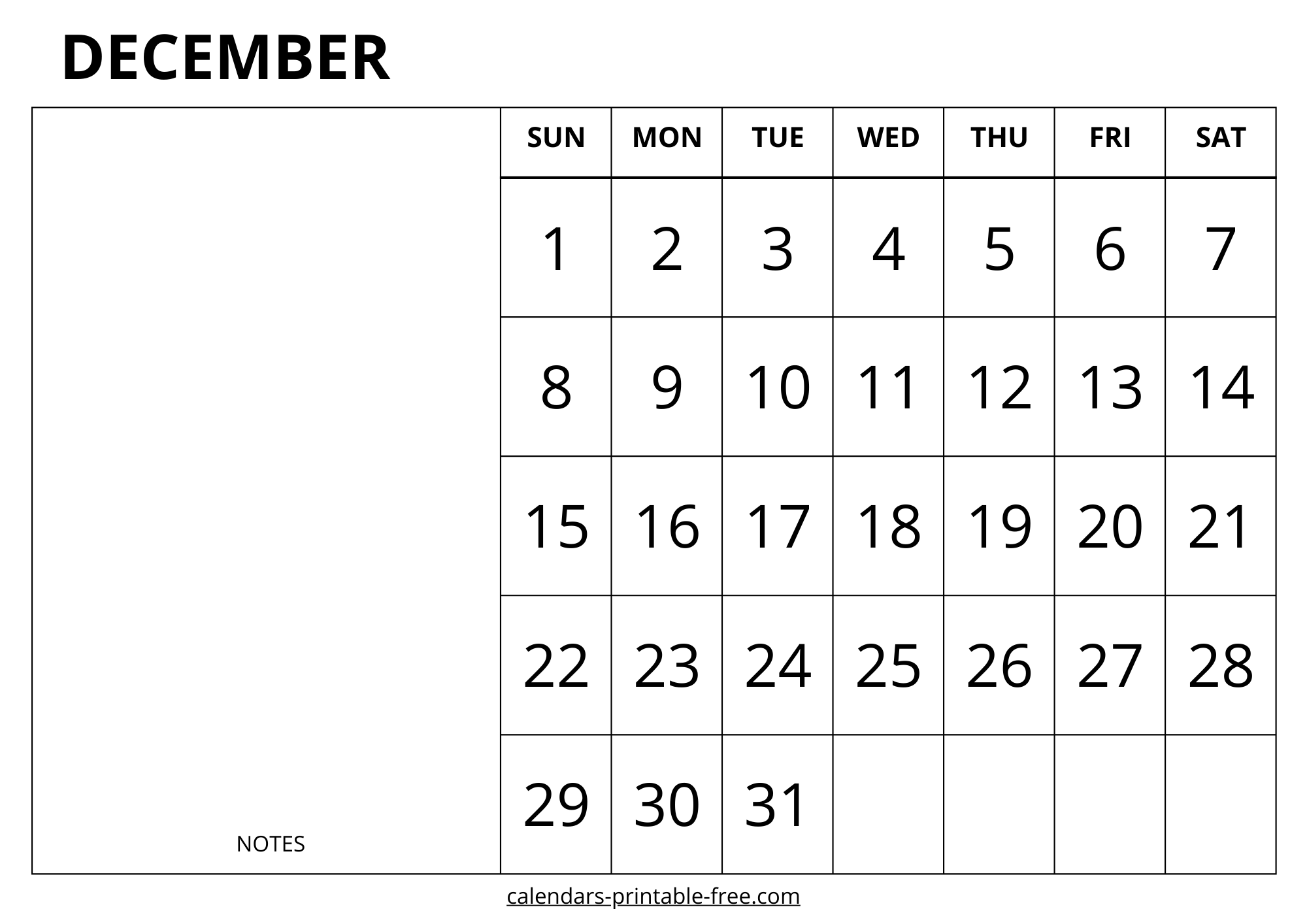 December 2024 calendar with notes image