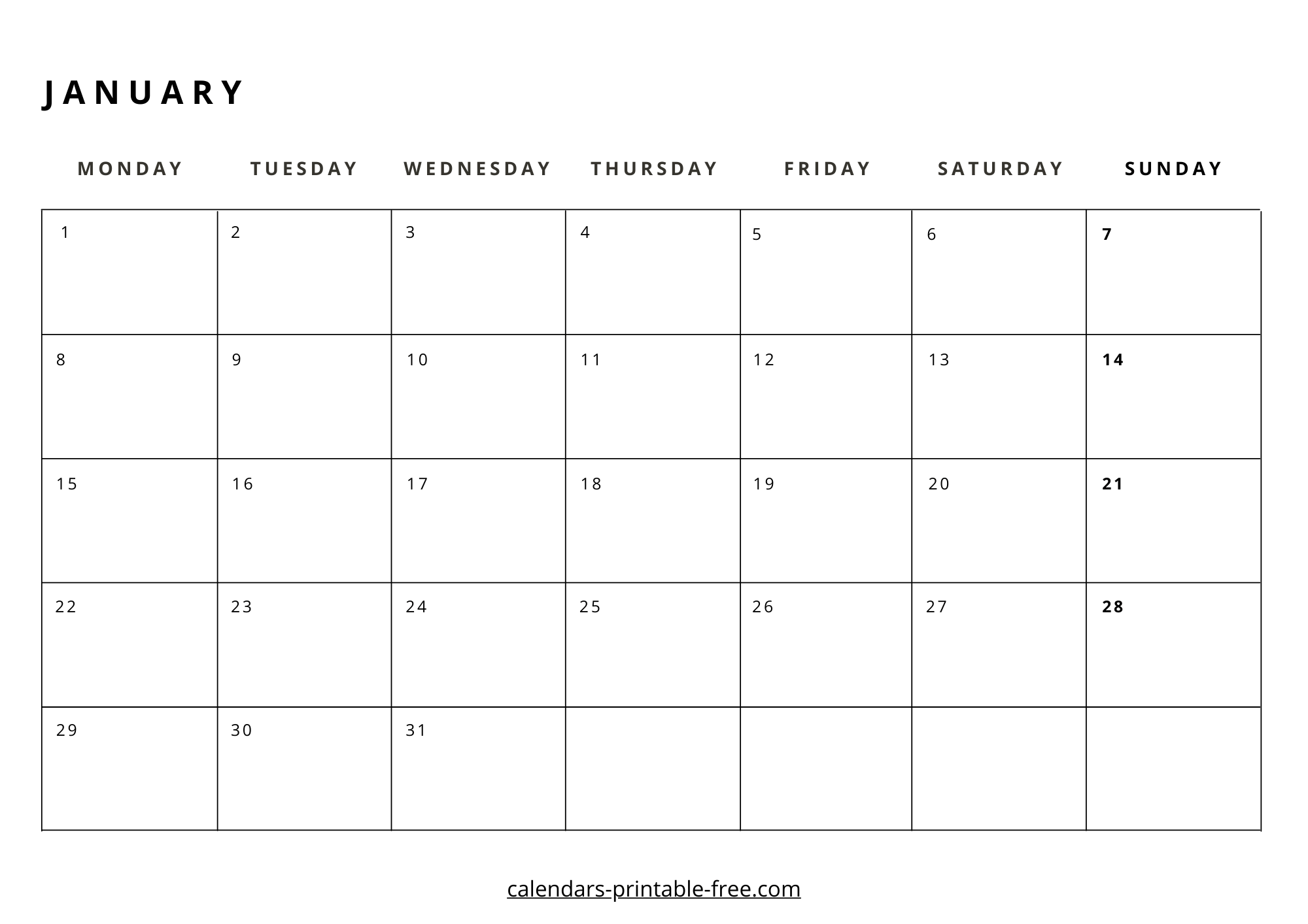 January 2024 calendar Monday start image