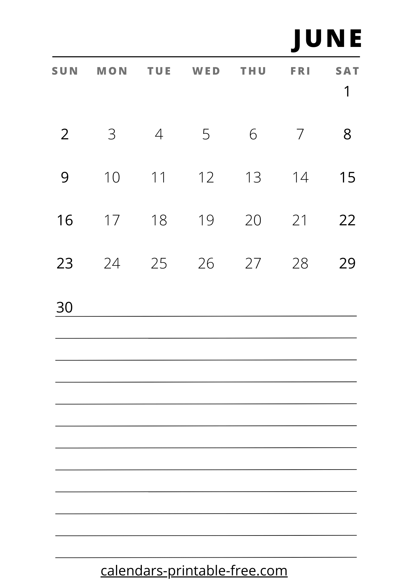 June 2024 calendar vertical Printable Free