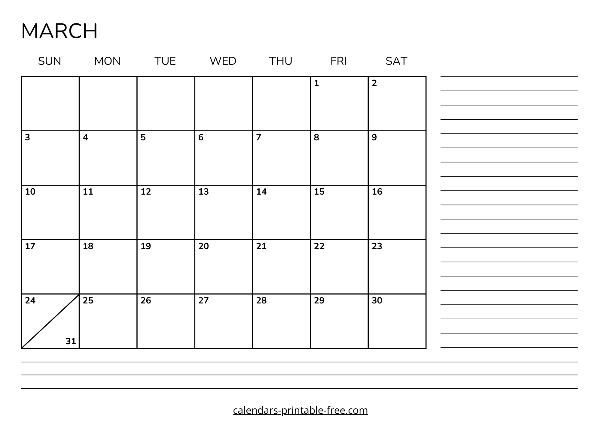 March 2024 calendar with lines