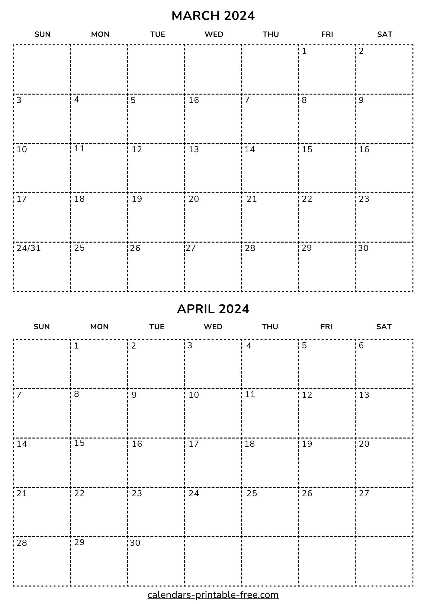 March and April 2024 Calendar Printable Free