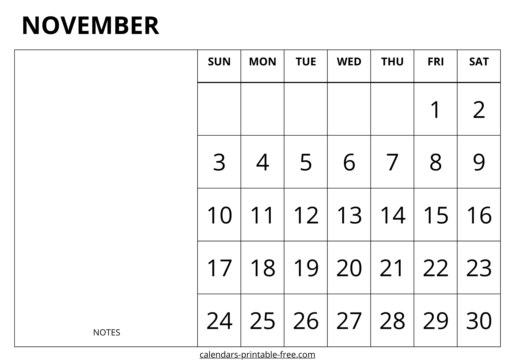 November 2024 calendar with notes image