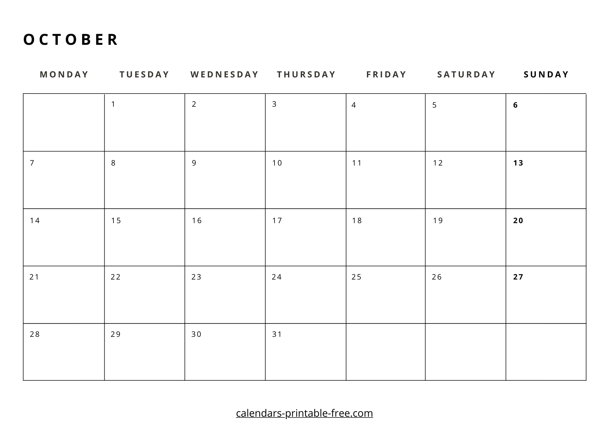 October 2024 calendar Monday start image