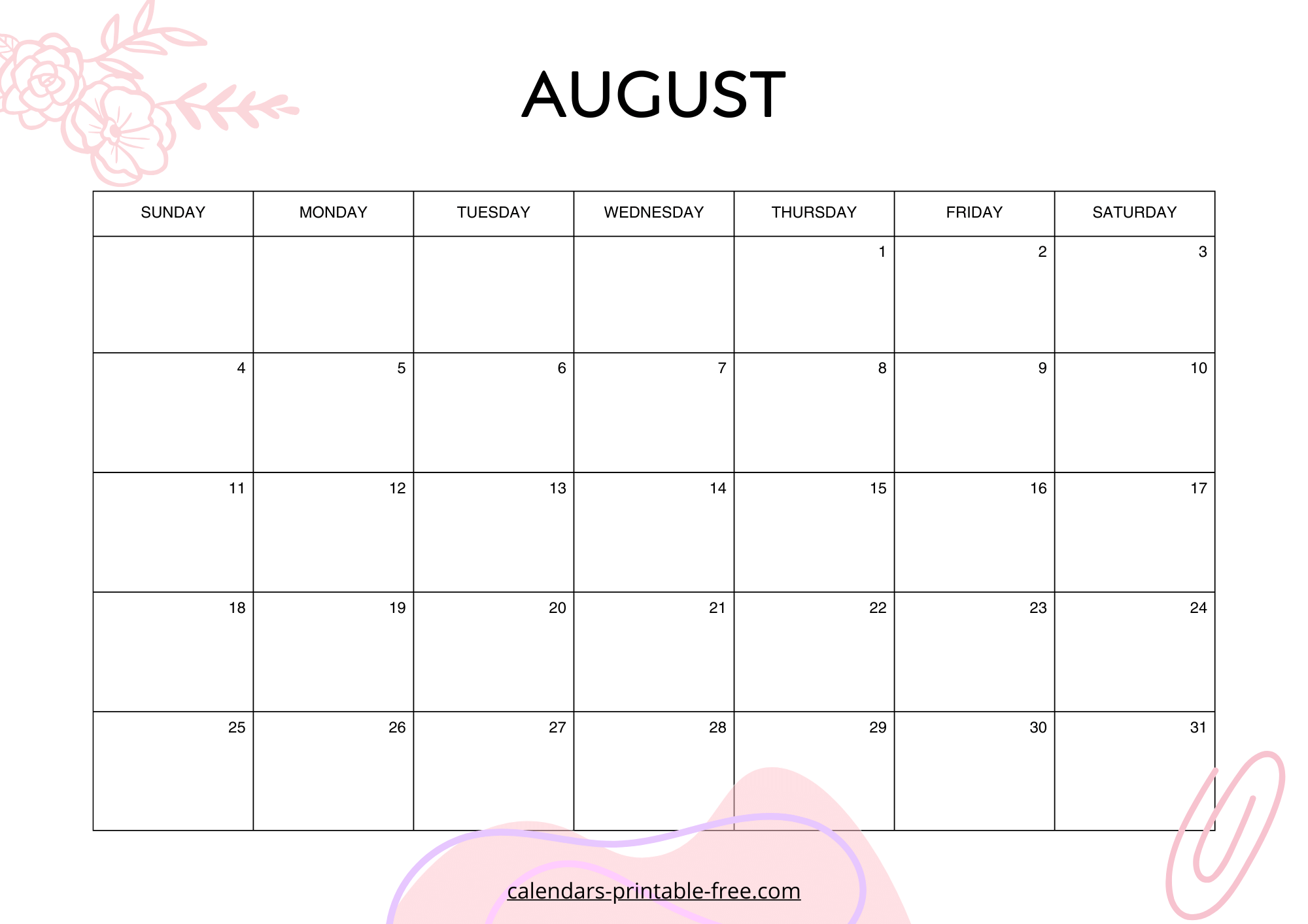 Pink August 2024 calendar