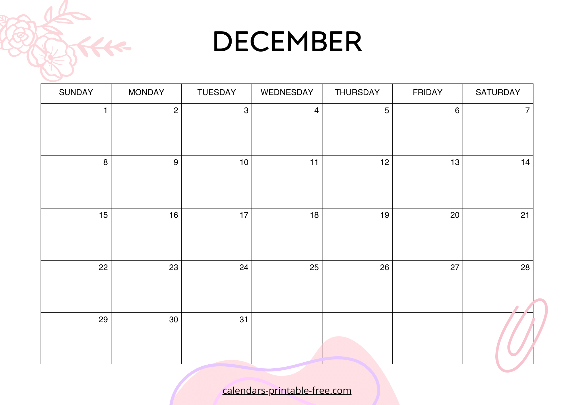 Pink December 2024 calendar