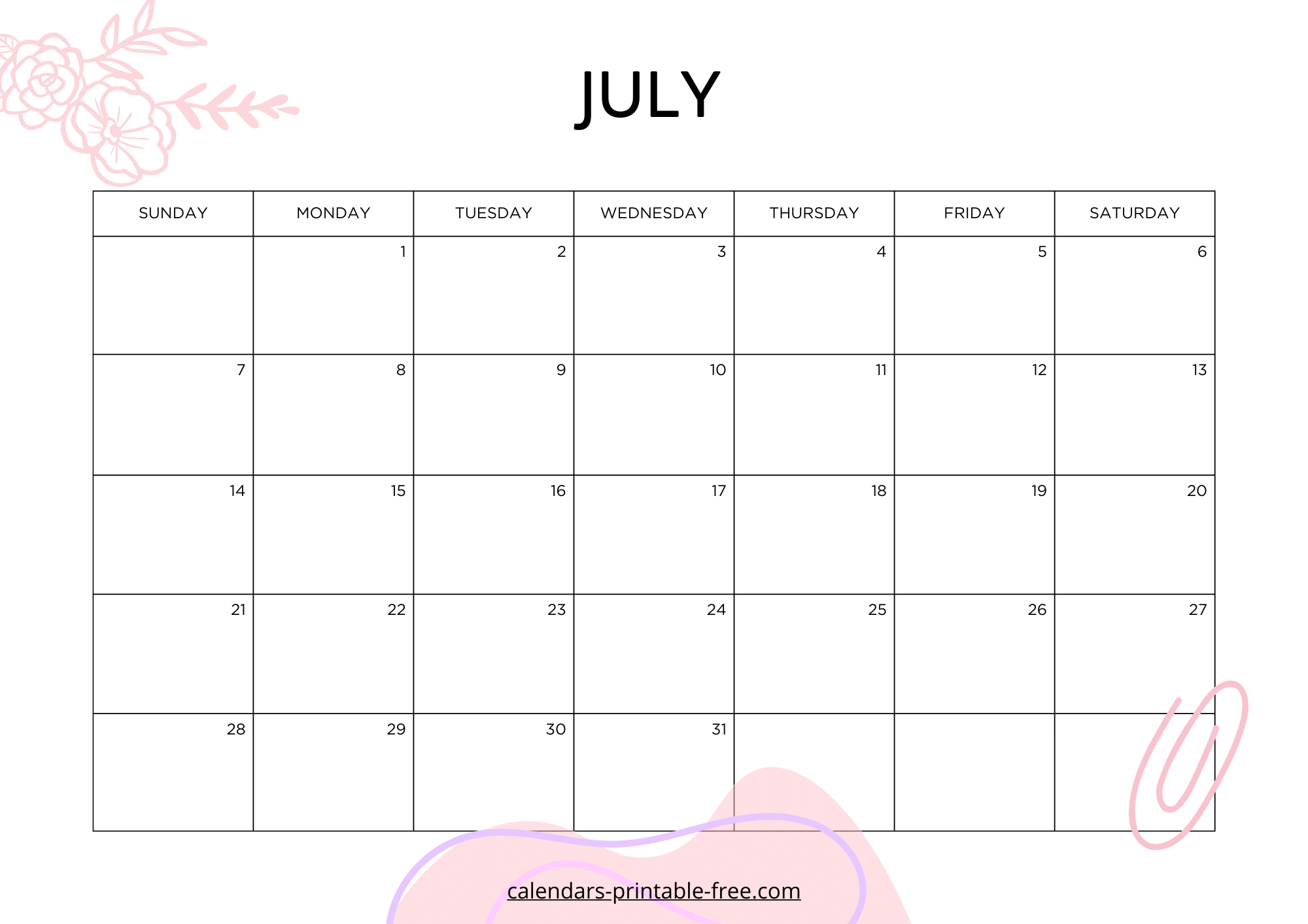 Pink July 2024 calendar image