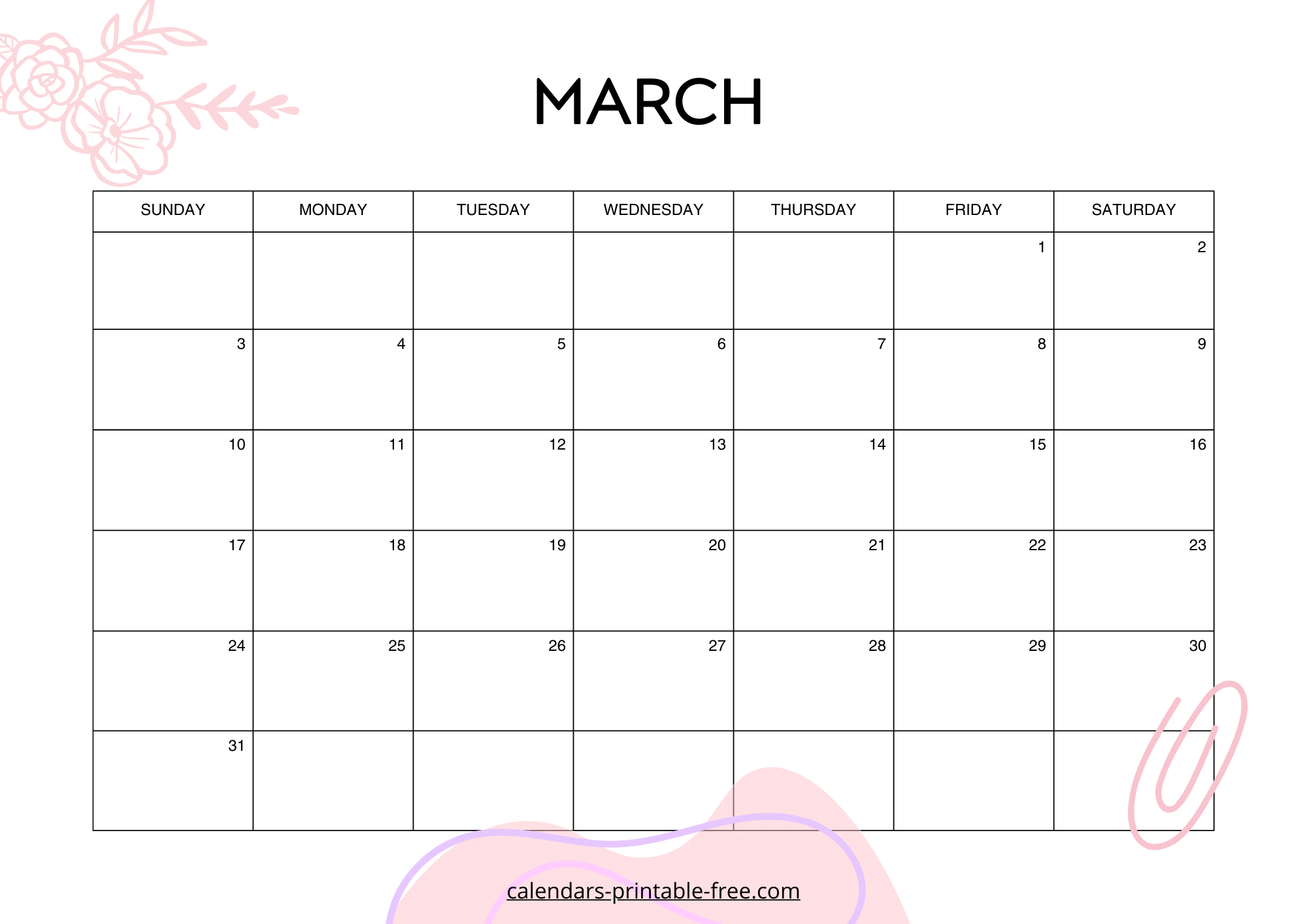 Pink March 2024 calendar