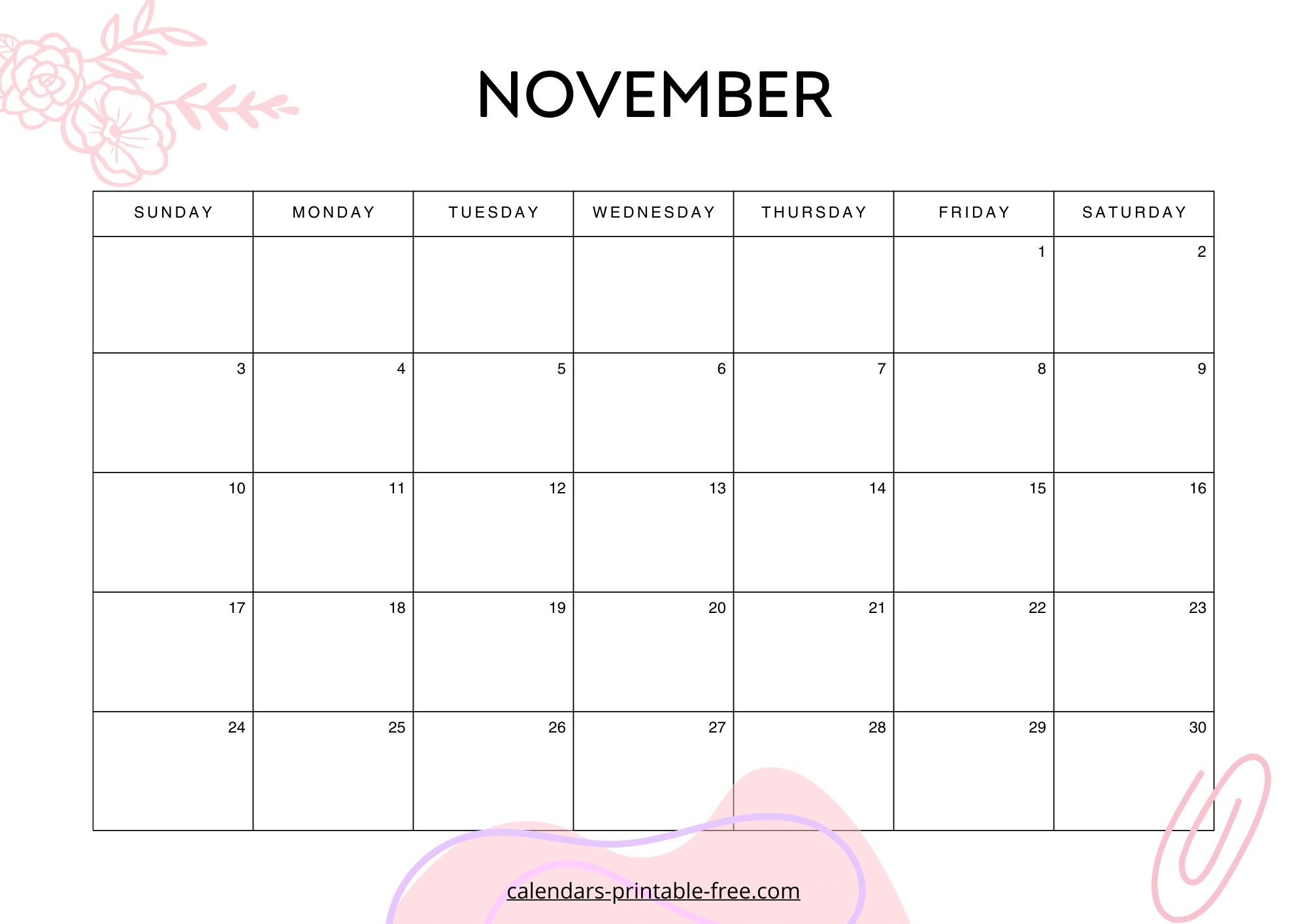 Pink November 2024 calendar